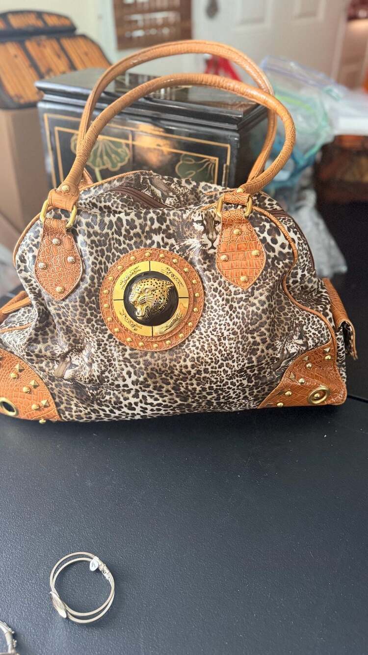Vintage Y2K Cheetah Leopard Print Satchel with Gold Tone Panther Emblem